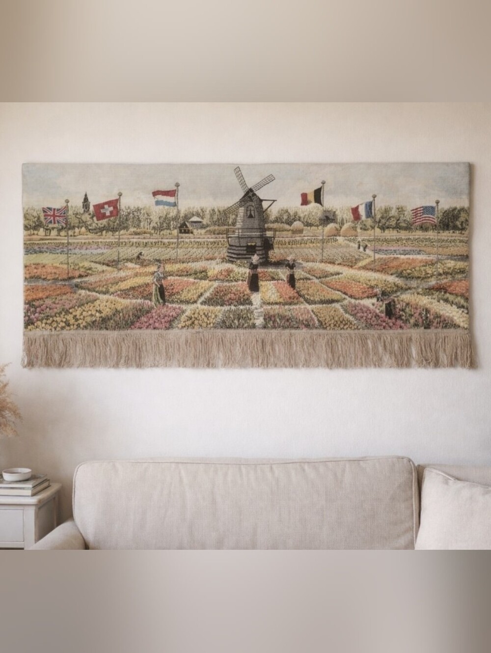 VTG Large Holland Tapestry with Fringe 66x28 Windmill & Flags